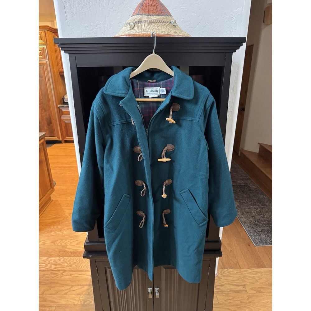 Vintage LL Bean Duffle Coat Womens Size 10 Green Wool Flannel Lined MADE IN USA